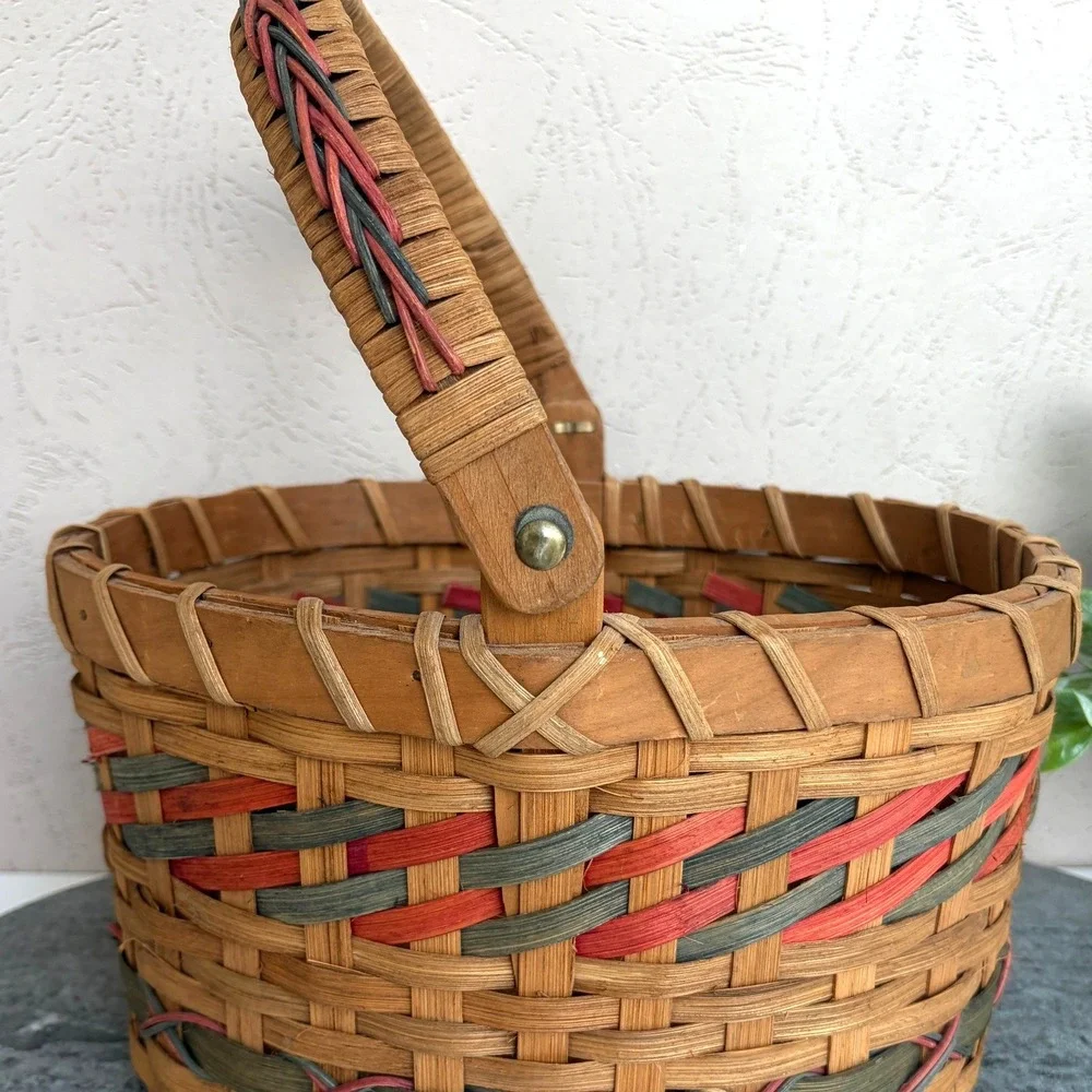 Vintage Style Woven Splint Oval Basket with Handle Red and Green Accents